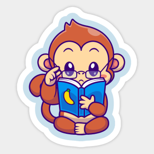 Cute Monkey Reading Book Banana With Glasses Cartoon Sticker